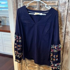 Anthropologie Navy Blouse with Colorful Embroidery